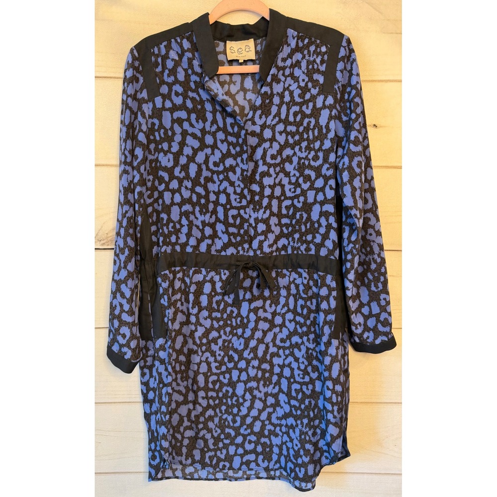 Sea New York Silk Leopard Print Mini Dress Blue Black Long Sleeve Size 6